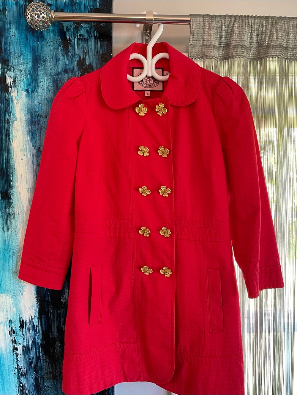Juicy Couture Red Double-Breasted Peacoat with Gold Floral Buttons